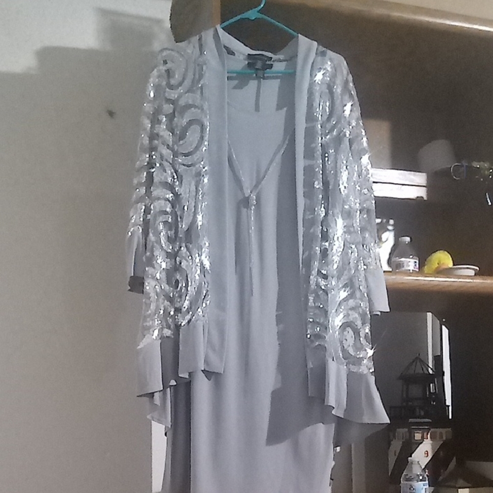 R & M Richards Gray Asymmetrical Dress with Silver Accents